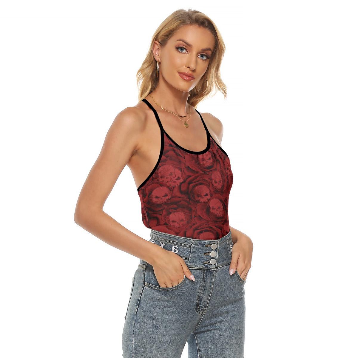 Red Fluid Skull Pattern Criss-Cross Open Back Tank Top, Coolest T-Shirt For Women - Wonder Skull