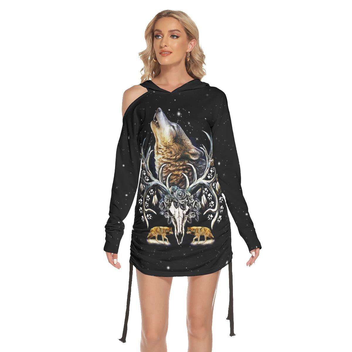Wolf Skull All Over Print Women One Shoulder Dress With Waist Shirring, Long Hoodie For Women - Wonder Skull