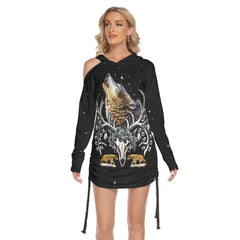 Wolf Skull All Over Print Women One Shoulder Dress With Waist Shirring, Long Hoodie For Women - Wonder Skull