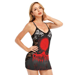 Halloween Bat Strawman Spider All-Over Print Women Black Lace Cami Dress, Hot Red Blood Nightwear For Women - Wonder Skull