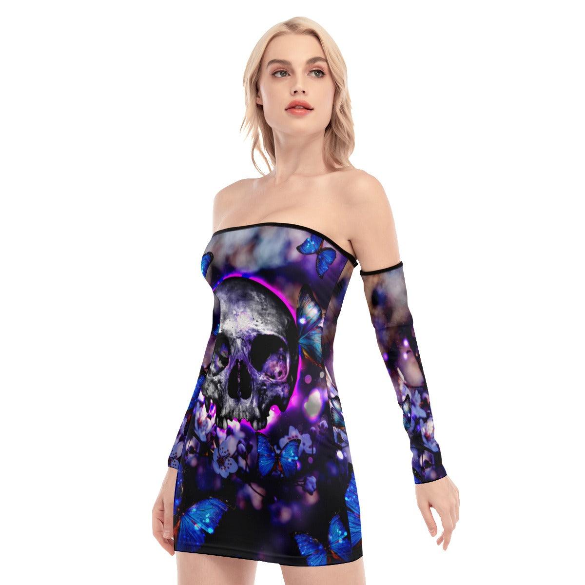 Skull Sugar Butterfly Purple Off-shoulder Back Lace-up Dress - Wonder Skull