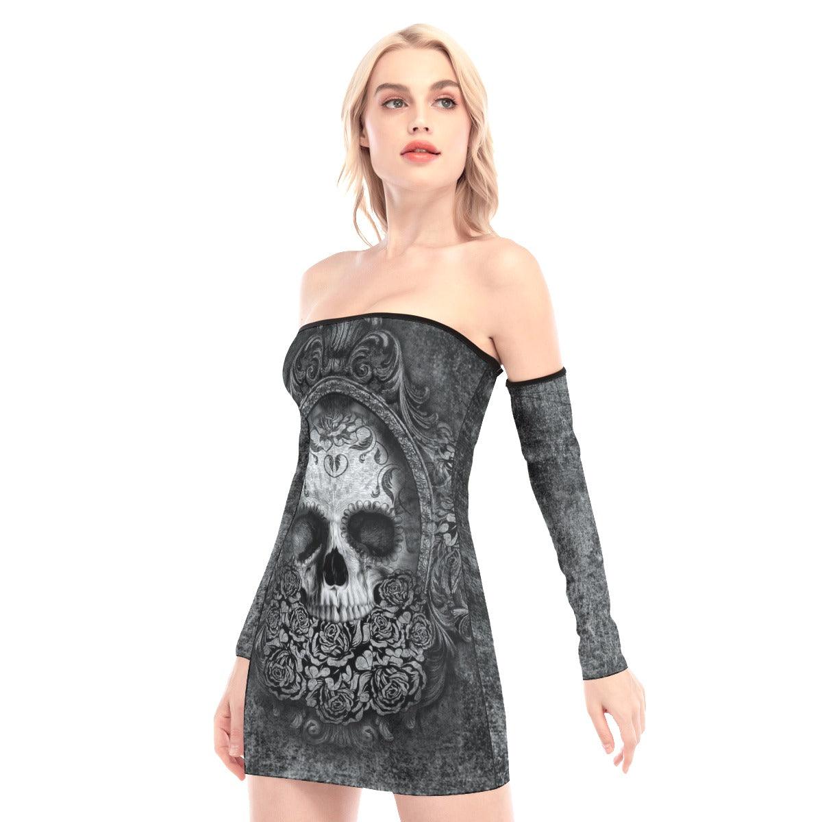 Gothic Mirror Skull Off-shoulder Back Lace-up Dress - Wonder Skull