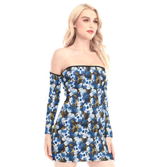 Blue Flower Skull Off-shoulder Back Lace-up Dress - Wonder Skull