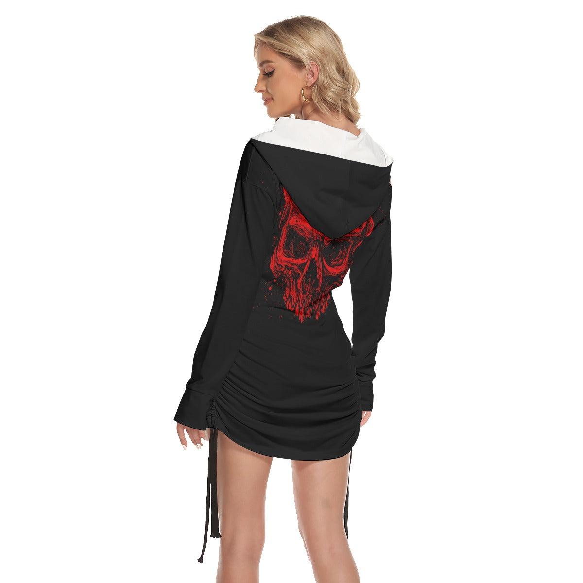 Red Skull Women One Shoulder Dress With Waist Shirring, Hot Long Hoodie For Women - Wonder Skull