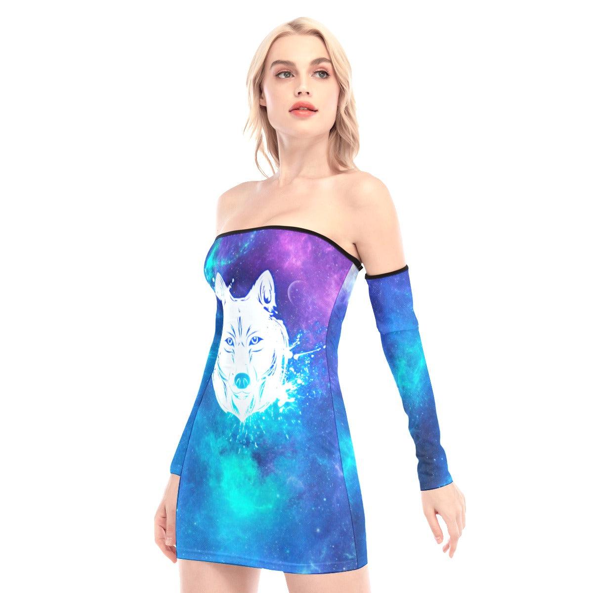 Glowing Wolf Off-shoulder Back Lace-up Dress - Wonder Skull