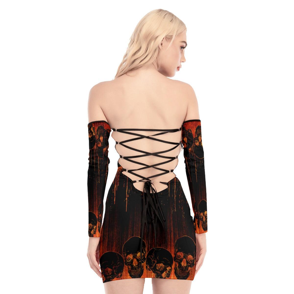 Skull Sugar Lava Off-shoulder Back Lace-up Dress - Wonder Skull