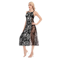 Hot Gothic Skull Pattern Lace Cami Cross Back Women Dress - Wonder Skull