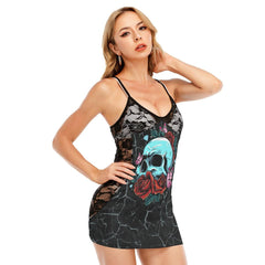 Crack Skull Rose All-Over Print Women Black Lace Cami Dress - Wonder Skull