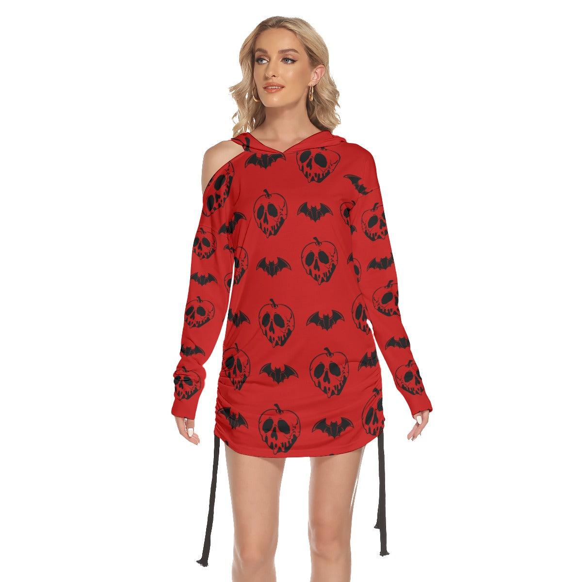 Red Bat Skull All Over Print Women One Shoulder Dress With Waist Shirring, Long Hoodie For Women - Wonder Skull