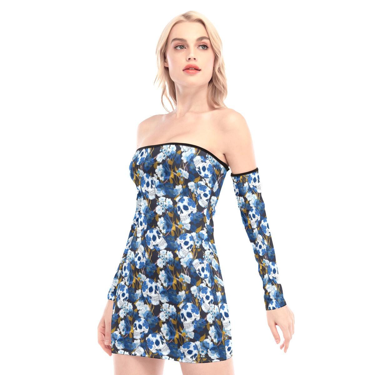 Blue Flower Skull Off-shoulder Back Lace-up Dress - Wonder Skull