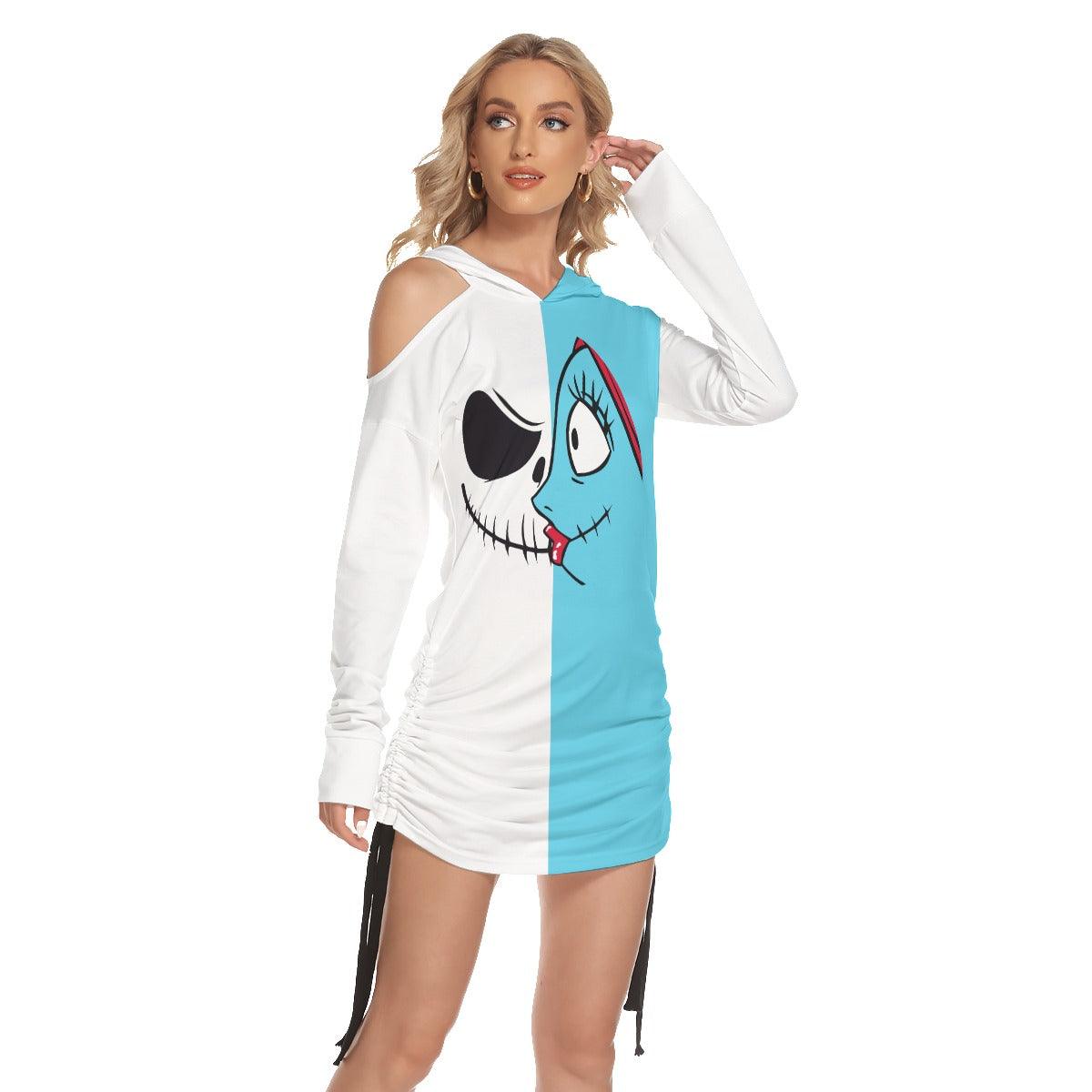 Half Blue Half White Nightmare Open Shoulder Dress Hoodie - Wonder Skull