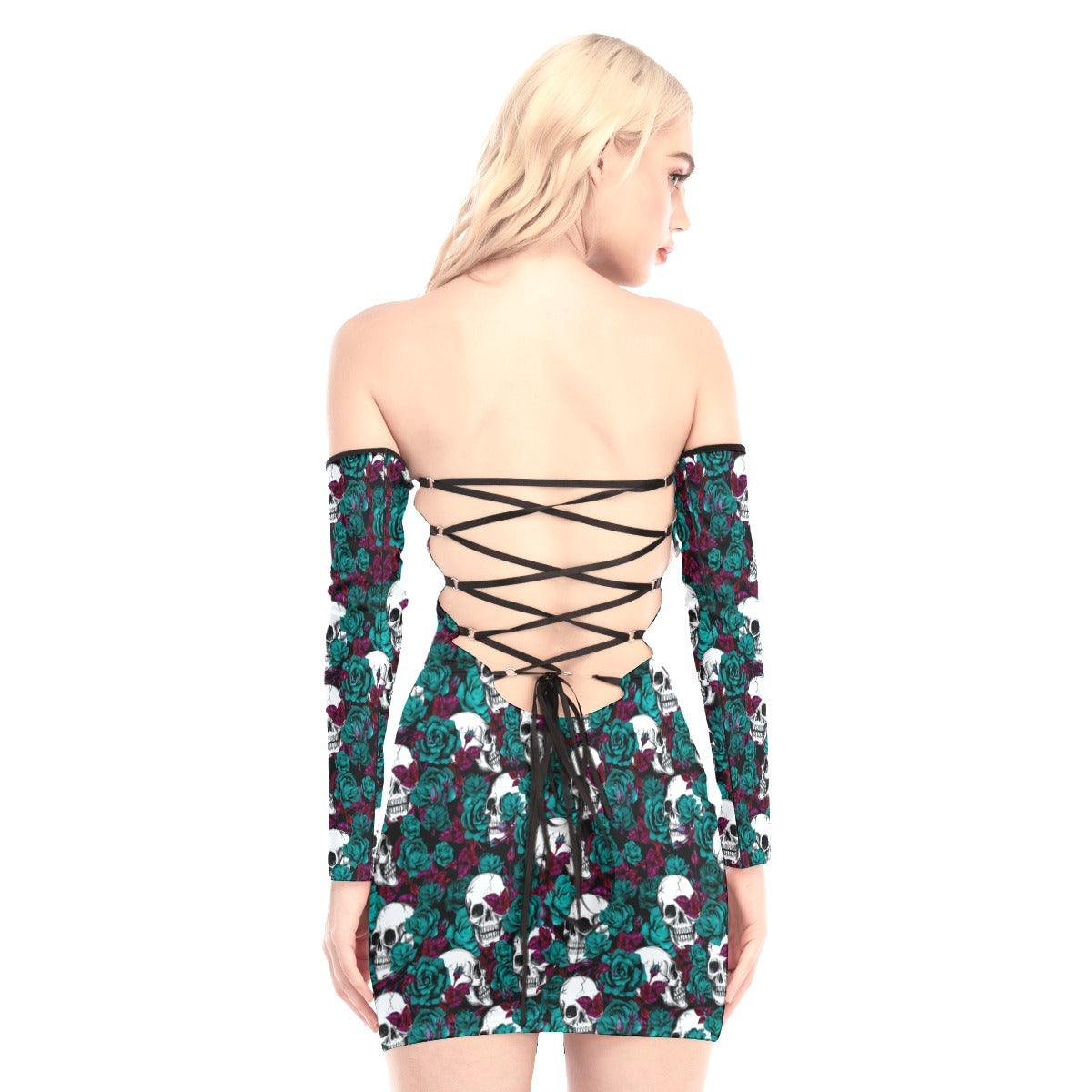 Jungle Green Rose Skull Off-shoulder Back Lace-up Dress - Wonder Skull