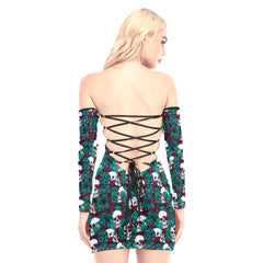 Jungle Green Rose Skull Off-shoulder Back Lace-up Dress - Wonder Skull