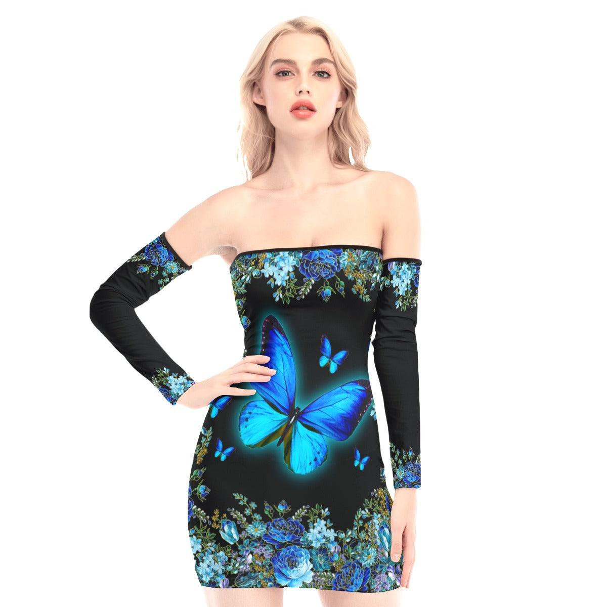 Glowing Blue Butterfly Off-shoulder Back Lace-up Dress - Wonder Skull