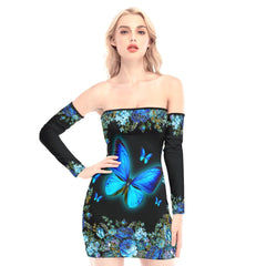 Glowing Blue Butterfly Off-shoulder Back Lace-up Dress - Wonder Skull