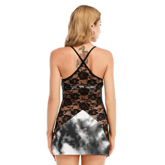 Skull Rose Gothic Tie-dye Print Women Black Lace Cami Dress - Wonder Skull