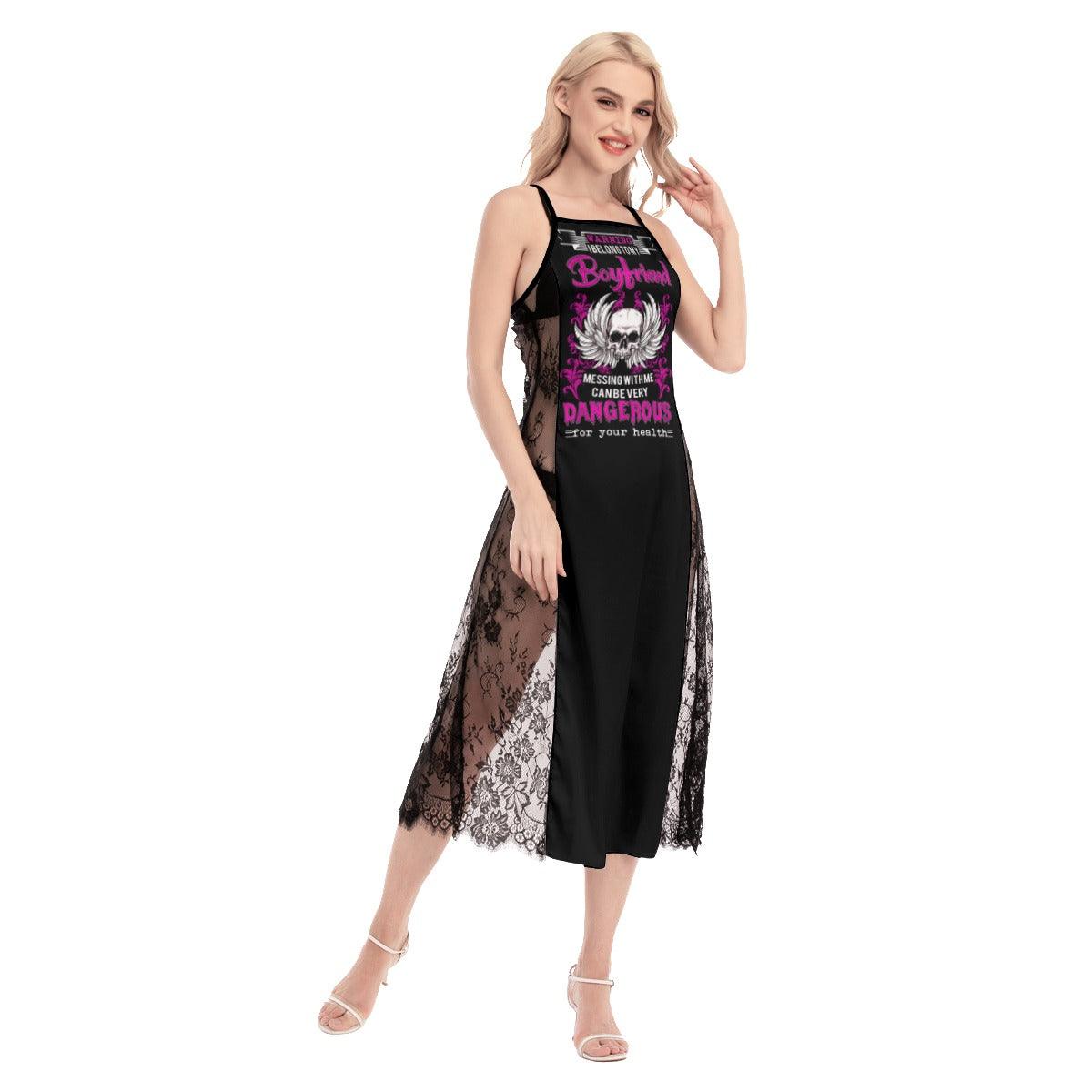 I Belong To My Boyfriend Skull Lace Cami Cross Back Women Dress - Wonder Skull
