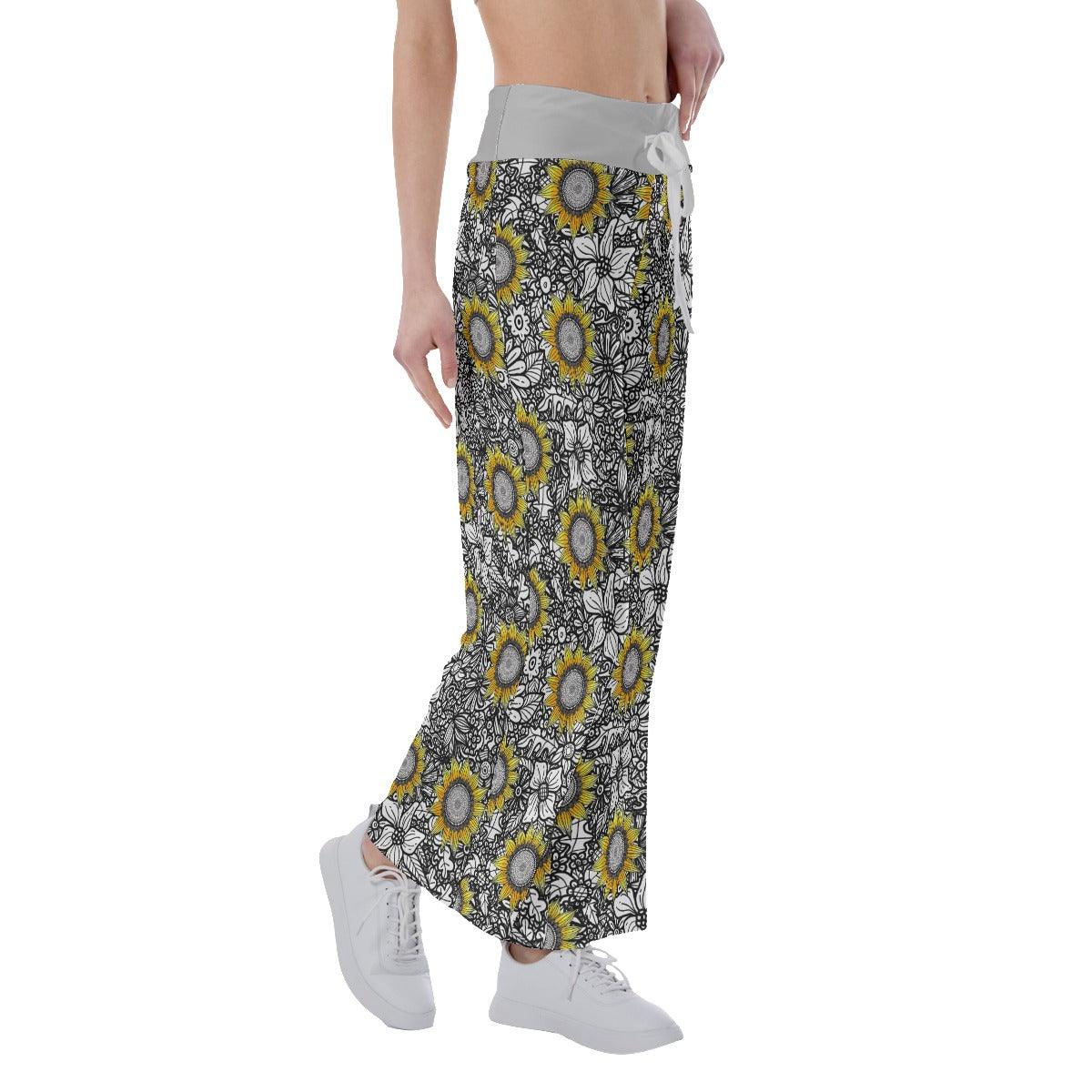 Sunflower Pattern High-waisted Straight-leg Trousers - Wonder Skull