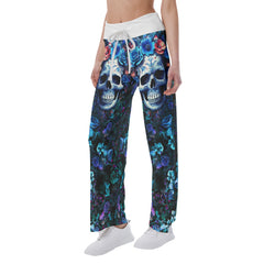 Dark Blue Skull Rose Gothic Women's High-waisted Wide Leg Pants | Wonder Skull