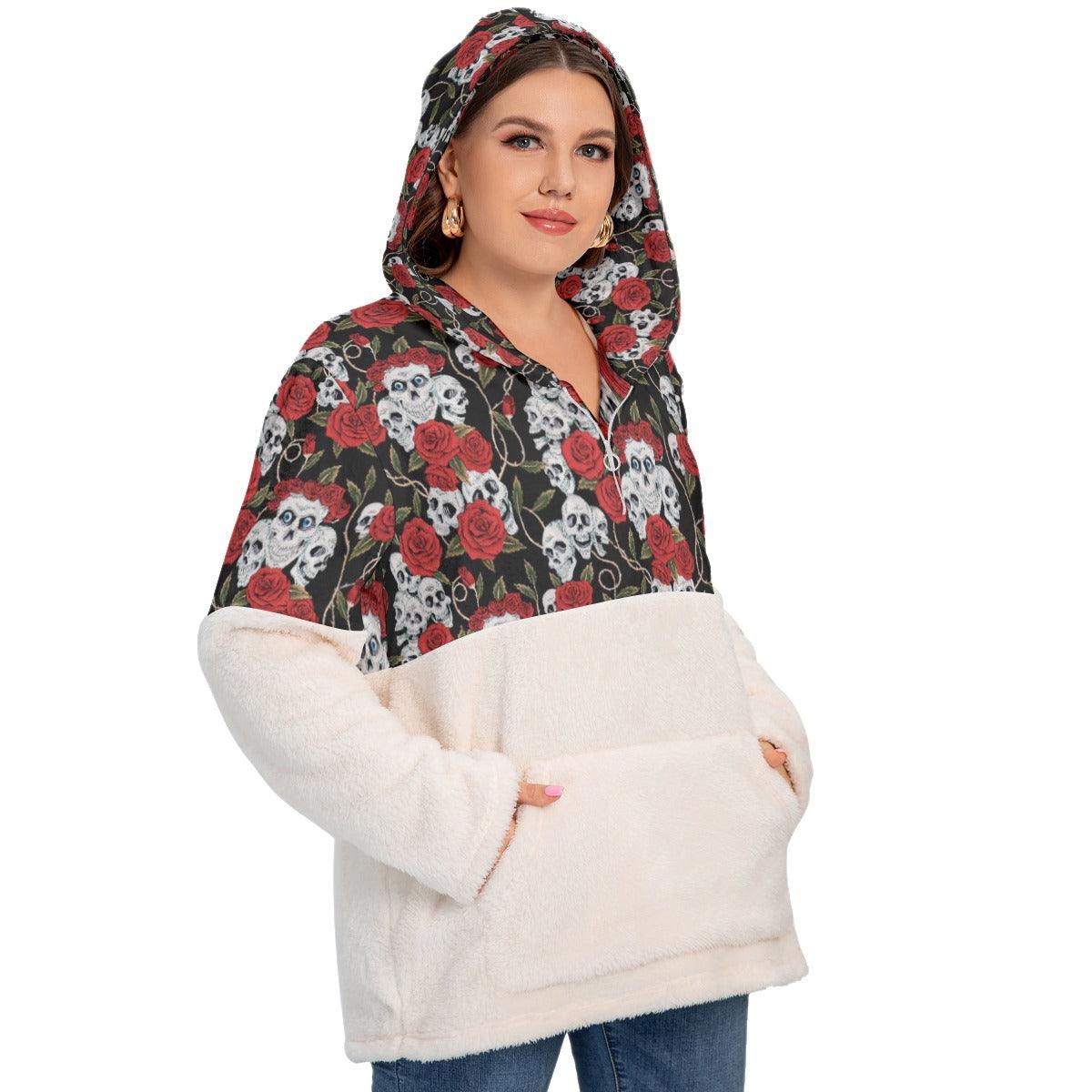 Skull With Rose Borg Fleece Hoodie With Half Zip - Wonder Skull