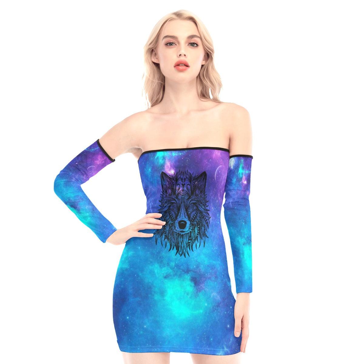 Blue Galaxy Wolf Off-shoulder Back Lace-up Dress - Wonder Skull