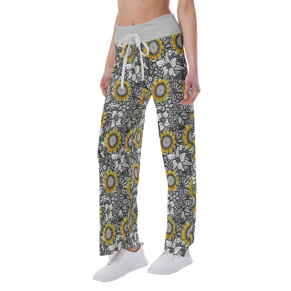 Sunflower Pattern High-waisted Straight-leg Trousers - Wonder Skull