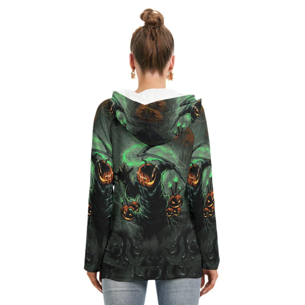 Halloween Pumpkin Chasing All-Over Print Women's Hoodie With Double Hood, Scary Nightmare Outwear - Wonder Skull