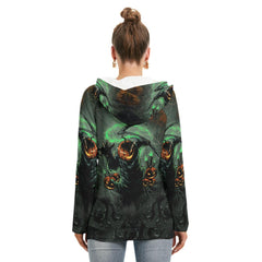 Halloween Pumpkin Chasing All-Over Print Women's Hoodie With Double Hood, Scary Nightmare Outwear - Wonder Skull