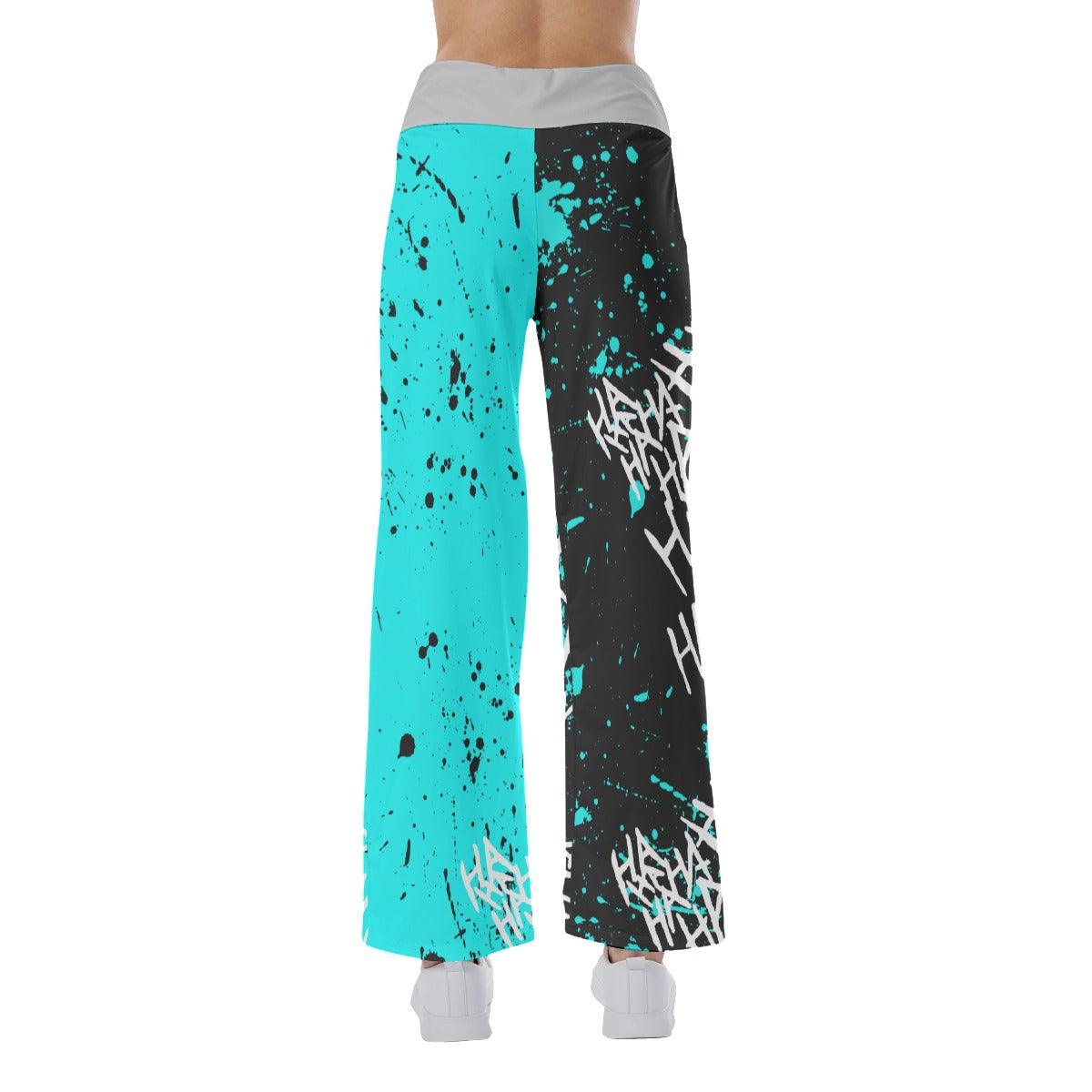 Half Cyan Half Black Hahaha Face Smile High-waisted Straight-leg Trousers - Wonder Skull