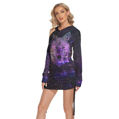 Dark Shadow Wolf All Over Print Women One Shoulder Dress With Waist Shirring, Long Hoodie For Women - Wonder Skull