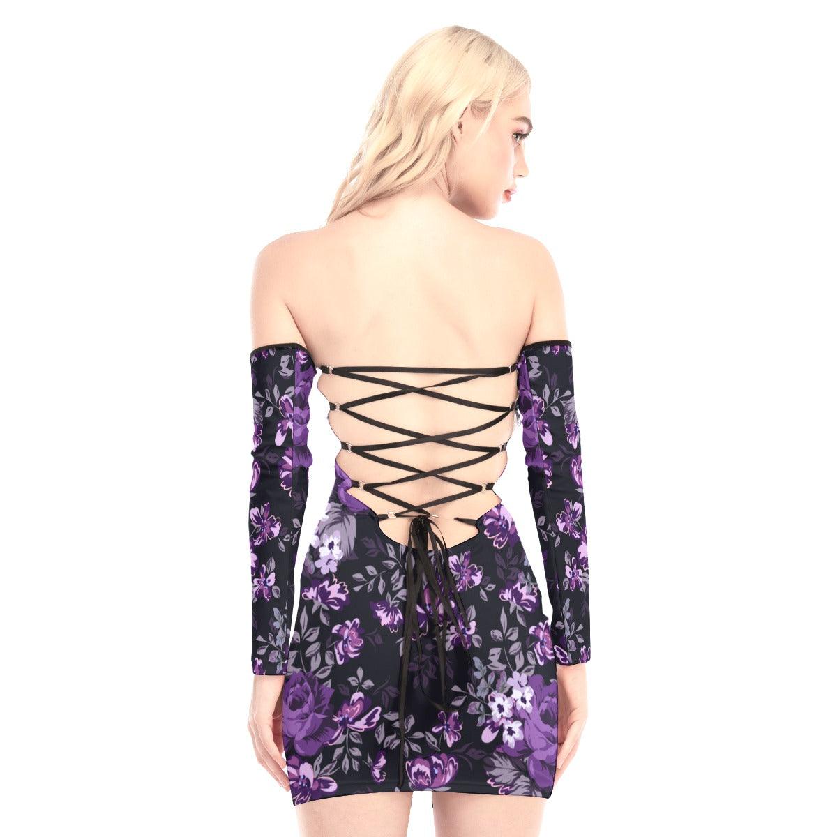 Purple Flowers Skull Off-shoulder Back Lace-up Dress - Wonder Skull