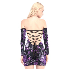 Purple Flowers Skull Off-shoulder Back Lace-up Dress - Wonder Skull