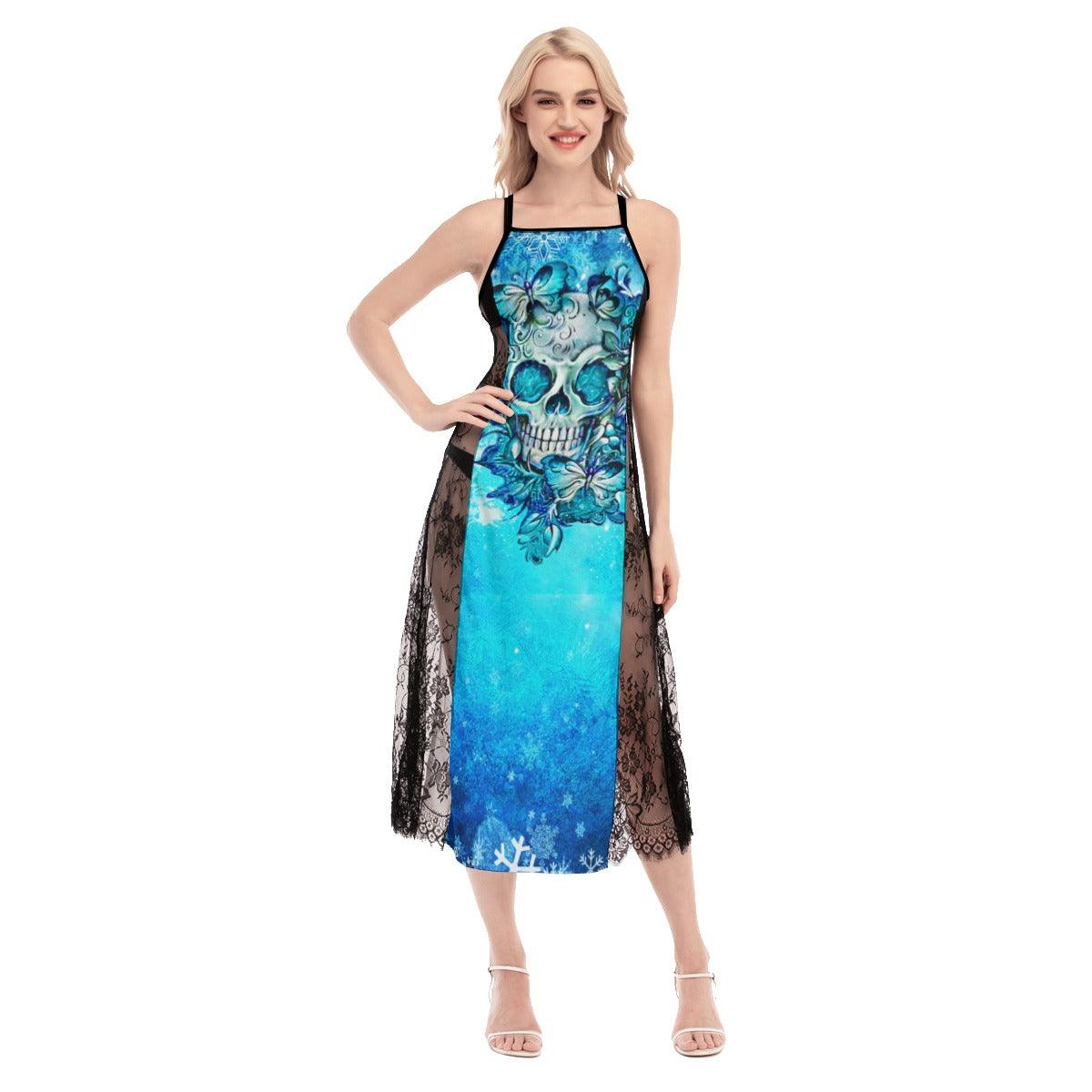 Hot Blue Gothic Skull Butterfly Lace Cami Cross Back Women Dress - Wonder Skull