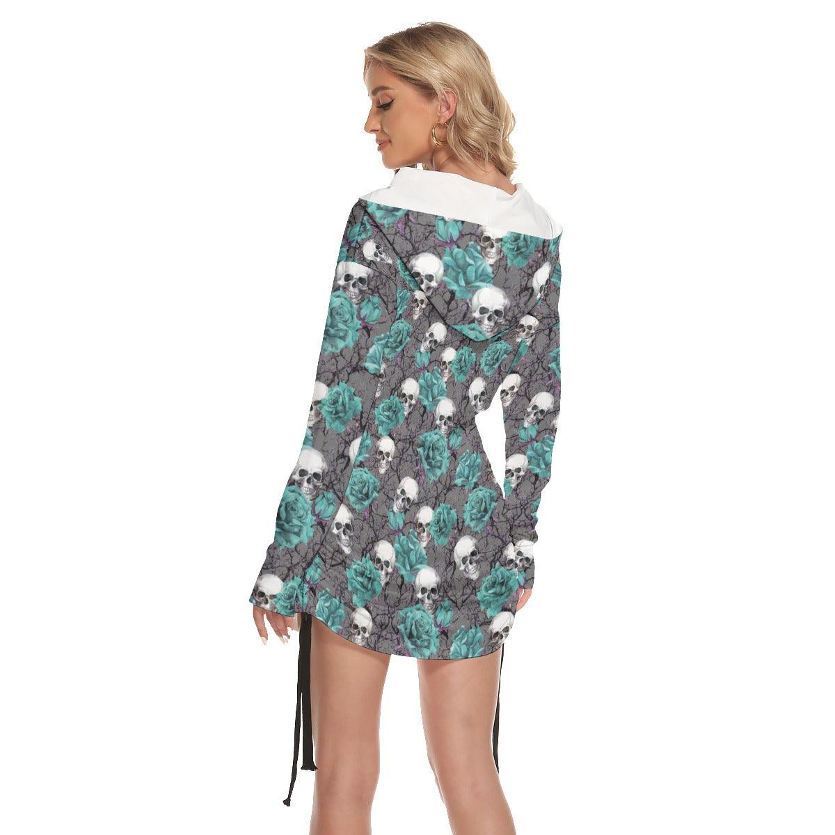 Saphire Gothic Skull Roses One Shoulder Dress - Wonder Skull