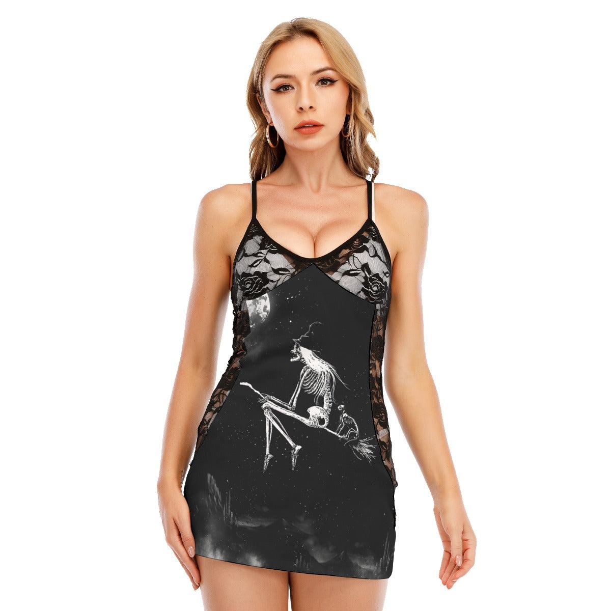Witchy On Sky All-Over Print Women Black Lace Cami Dress, Slay Nightwear For Women - Wonder Skull