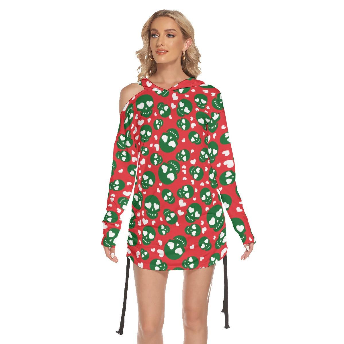 Christmas Green Red Skull Print Open Shoulder Dress - Wonder Skull