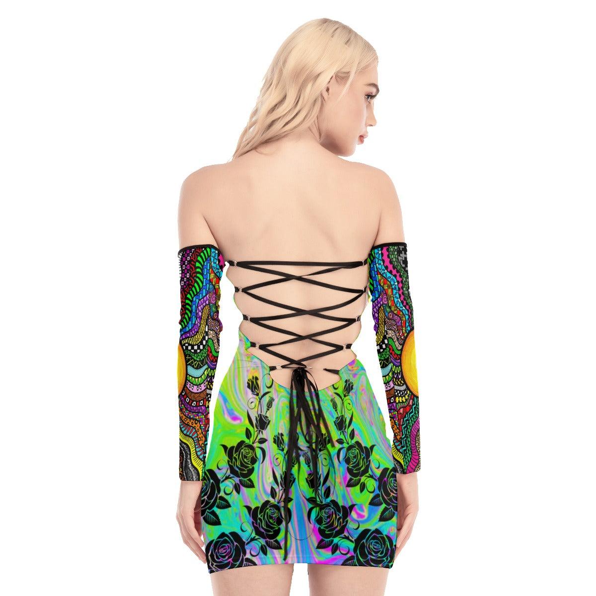 Sunflower Hippie Pattern Off-shoulder Back Lace-up Dress - Wonder Skull