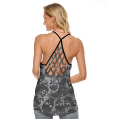 Black Skull Noise Criss-Cross Open Back Tank Top, Coolest T-Shirt For Women - Wonder Skull