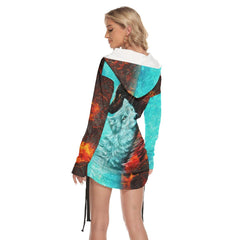 Fire Snow Wolf Fire All Over Print Women One Shoulder Dress With Waist Shirring, Long Hoodie For Women - Wonder Skull