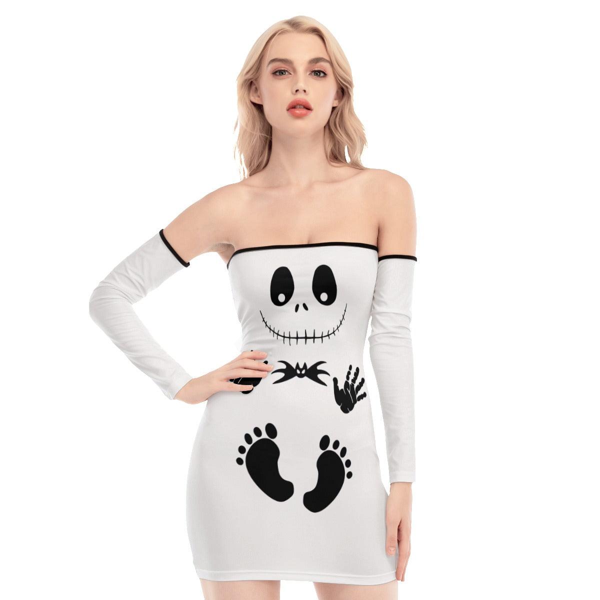 Nightmare Footprints White Off-shoulder Back Lace-up Dress - Wonder Skull