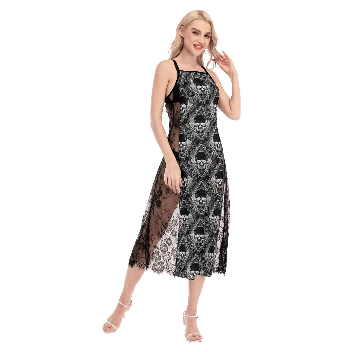 Skull Gothic Pattern Lace Cami Cross Back Women Dress - Wonder Skull
