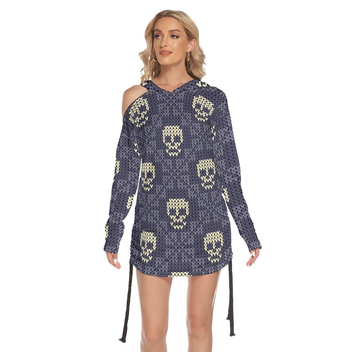 Christmas Violet White Skull Pattern Print Open Shoulder Dress - Wonder Skull