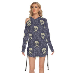 Christmas Violet White Skull Pattern Print Open Shoulder Dress - Wonder Skull