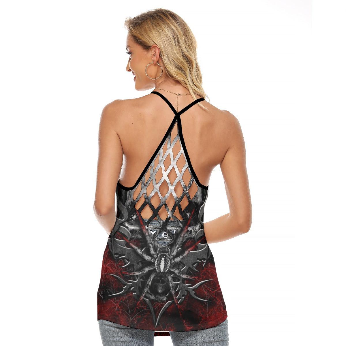 Gothic Spider Skull Criss-Cross Open Back Tank Top, Hot T-Shirt For Women - Wonder Skull