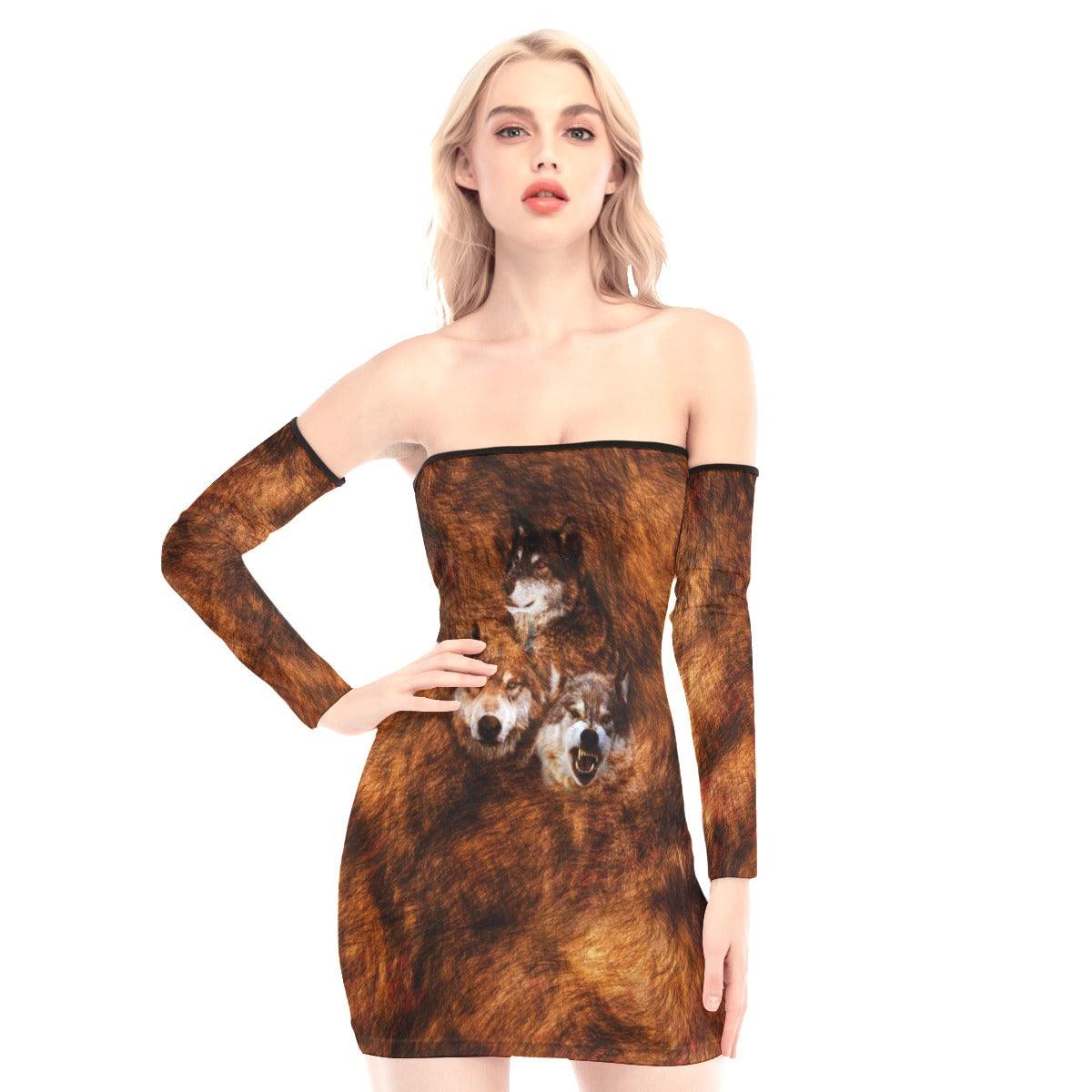 Triple Wolf Off-shoulder Back Lace-up Dress - Wonder Skull
