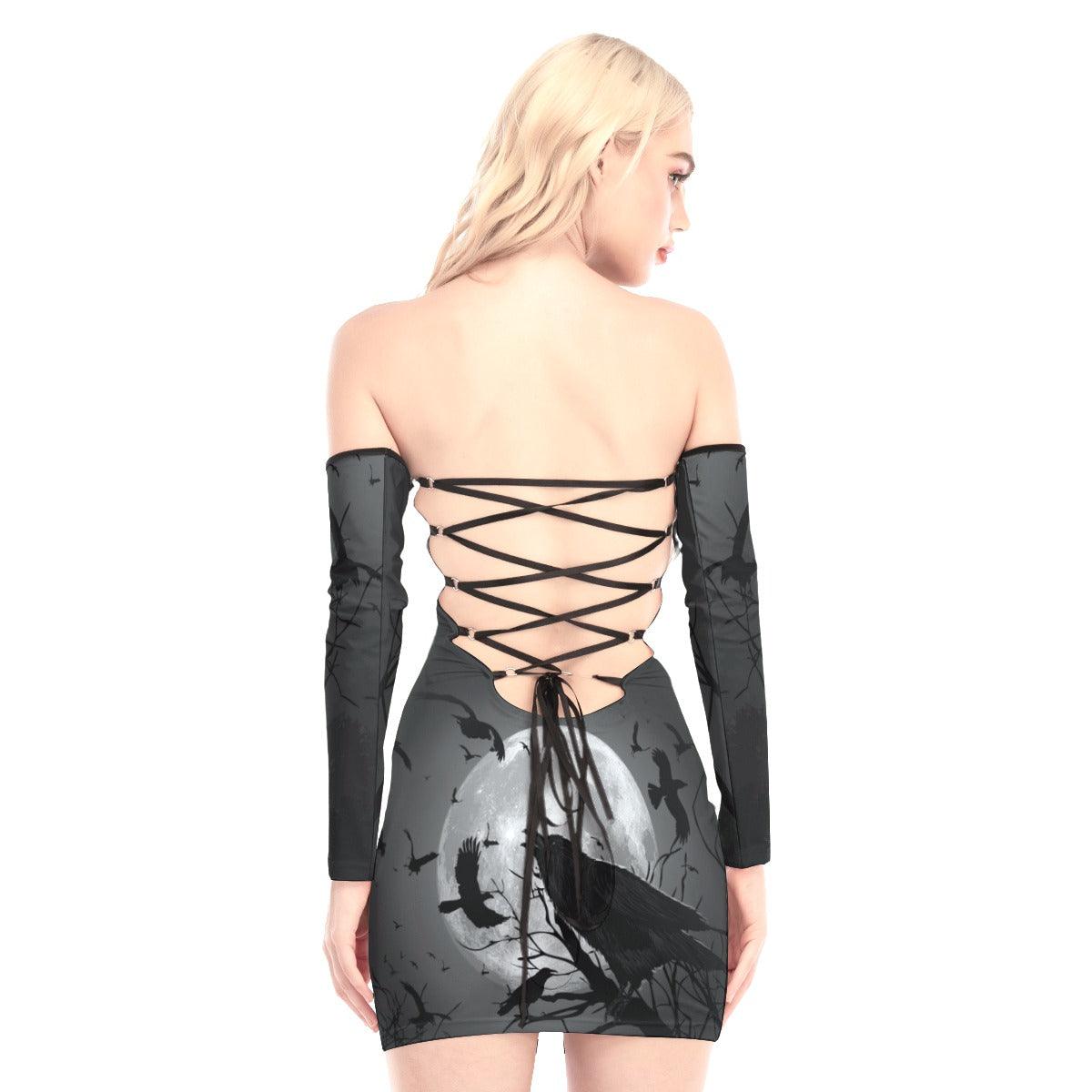 Moon Raven Lace Off-shoulder Back Lace-up Dress - Wonder Skull