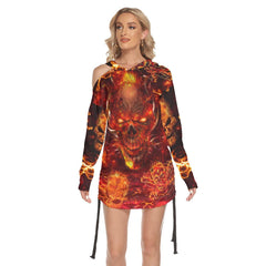 Sexy Fire Orange Skull Print Open Shoulder Dress-Wonder Skull