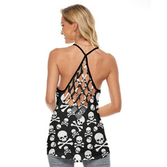 Skull Bone Criss-Cross Open Back Tank Top, Hot T-Shirt For Women - Wonder Skull