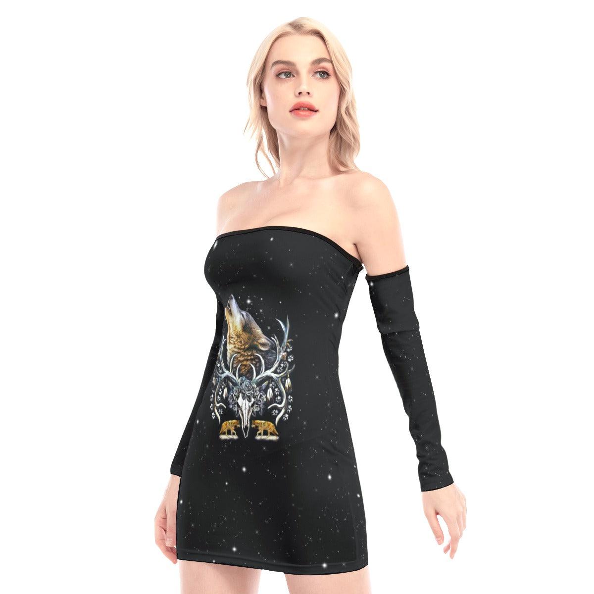 Wolf And Cow Skull Off-shoulder Back Lace-up Dress - Wonder Skull