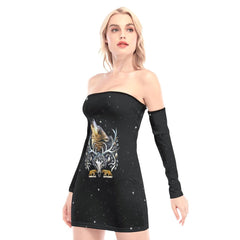 Wolf And Cow Skull Off-shoulder Back Lace-up Dress - Wonder Skull